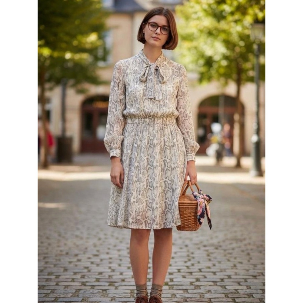 Anthropologie Current Air Olivia Snakeskin Tie Neck Pleated Midi Dress XLP
